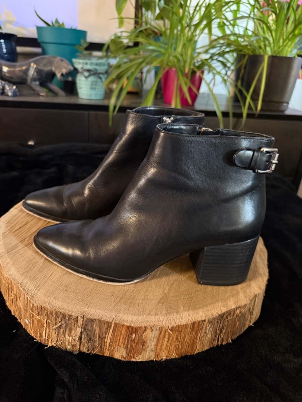 MICHAEL Michael Kors Black Leather Pointed Ankle Booties with Side Buckle